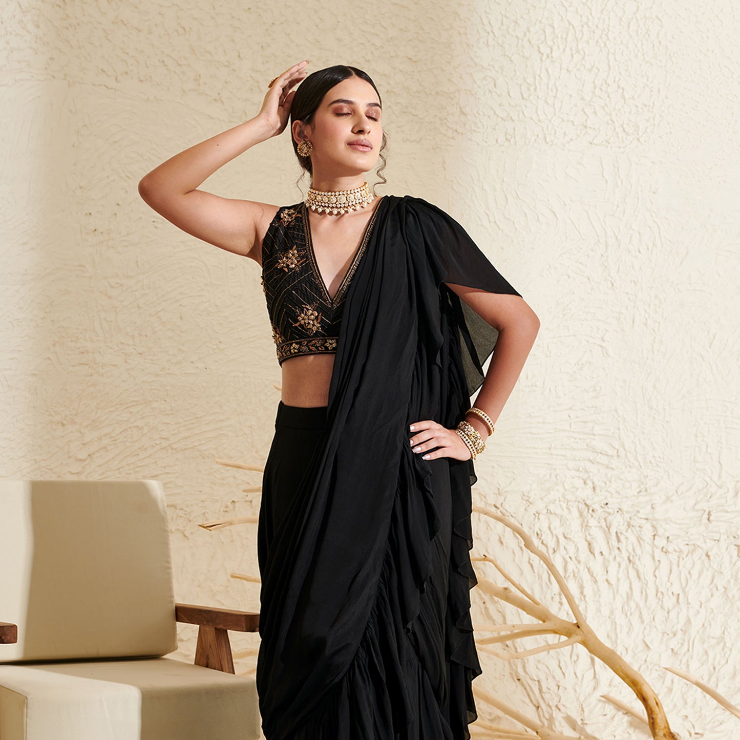 Black ruffle pre-stitched saree
