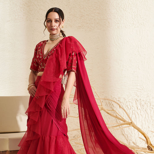 Magenta Organza Ruffle  Saree