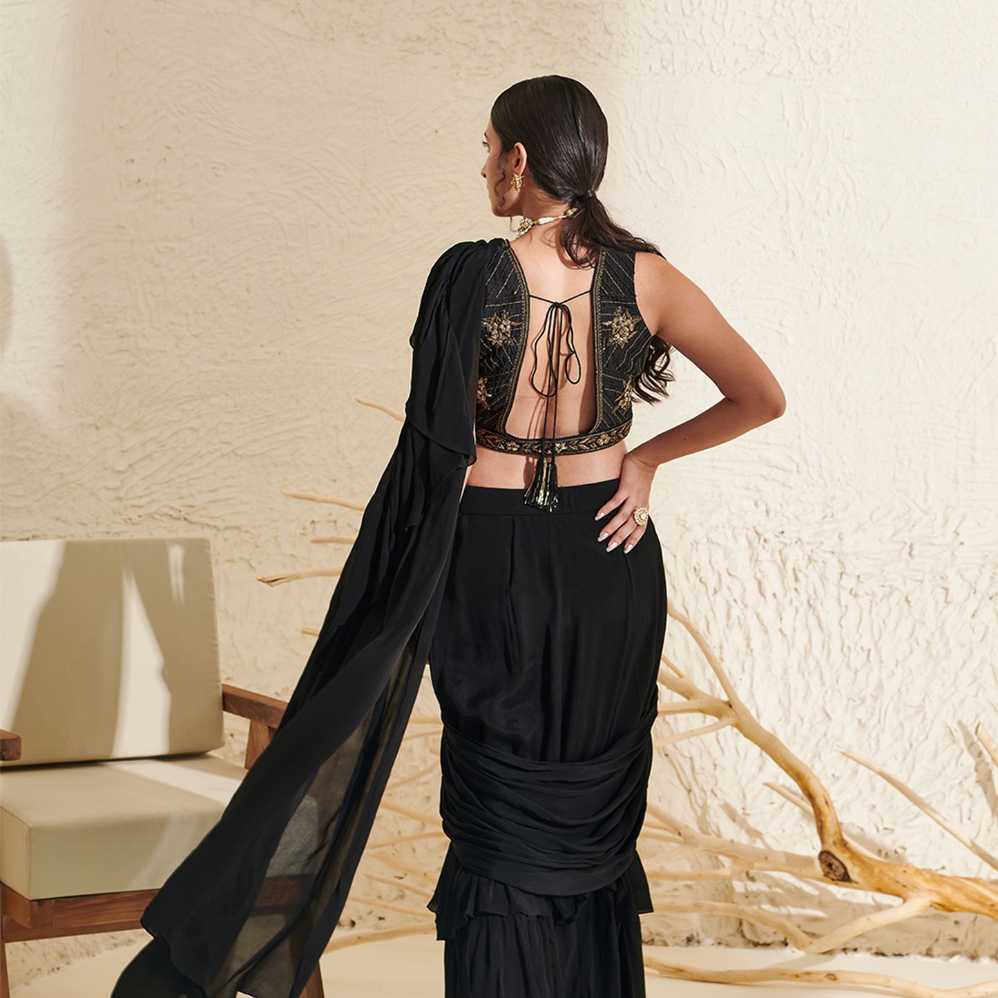 Black ruffle pre-stitched saree