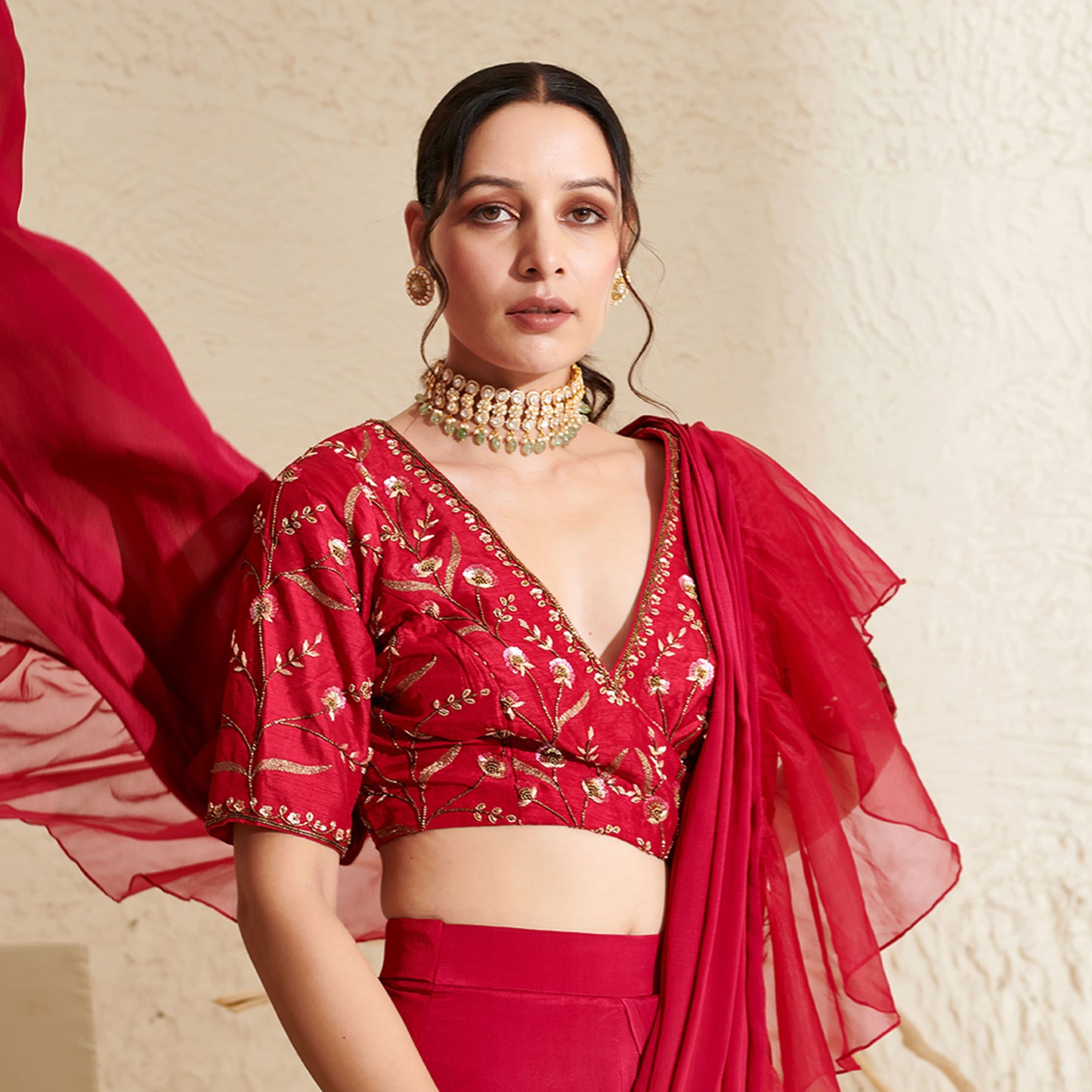 Magenta Organza Ruffle  Saree