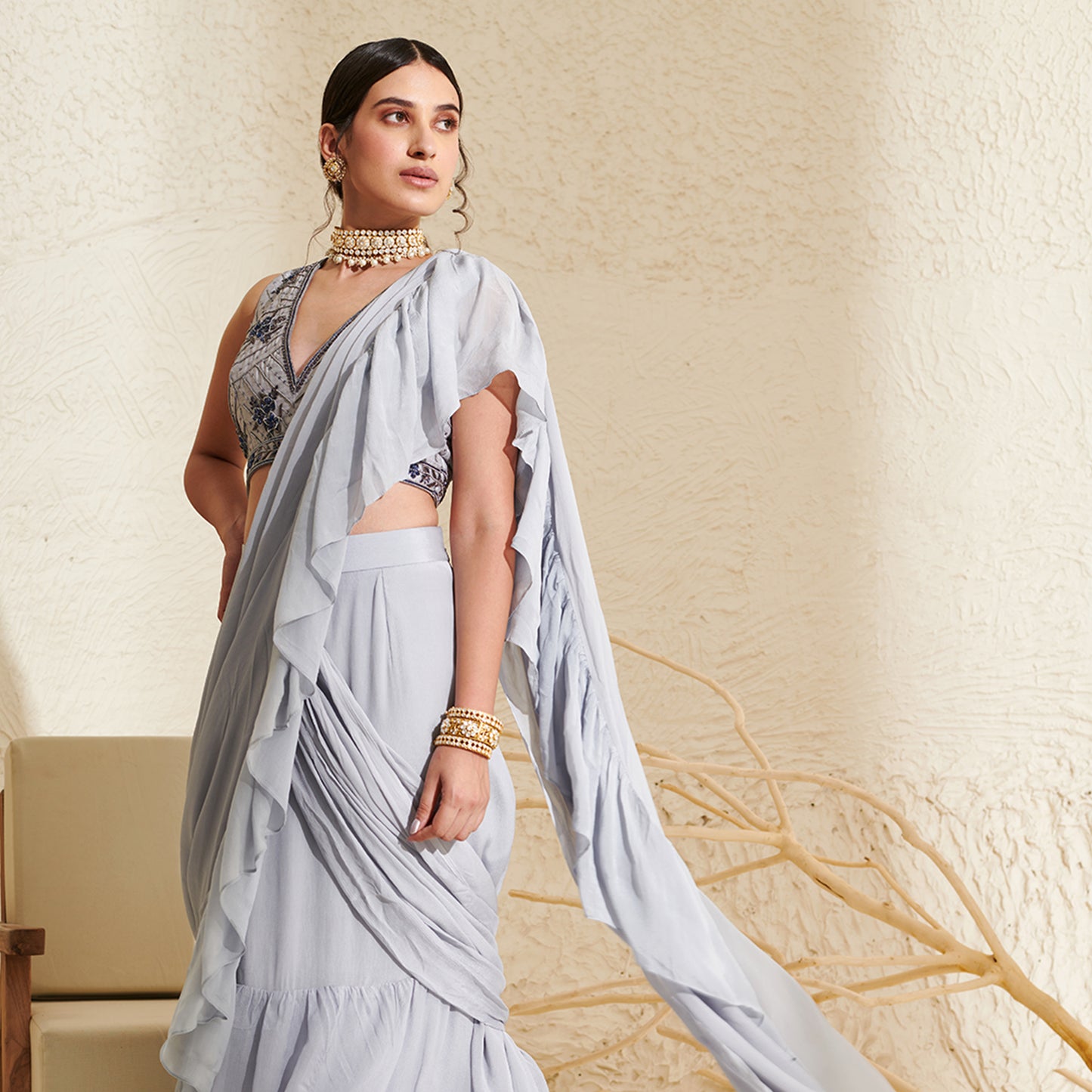 Grey Ruffle pre stitched saree