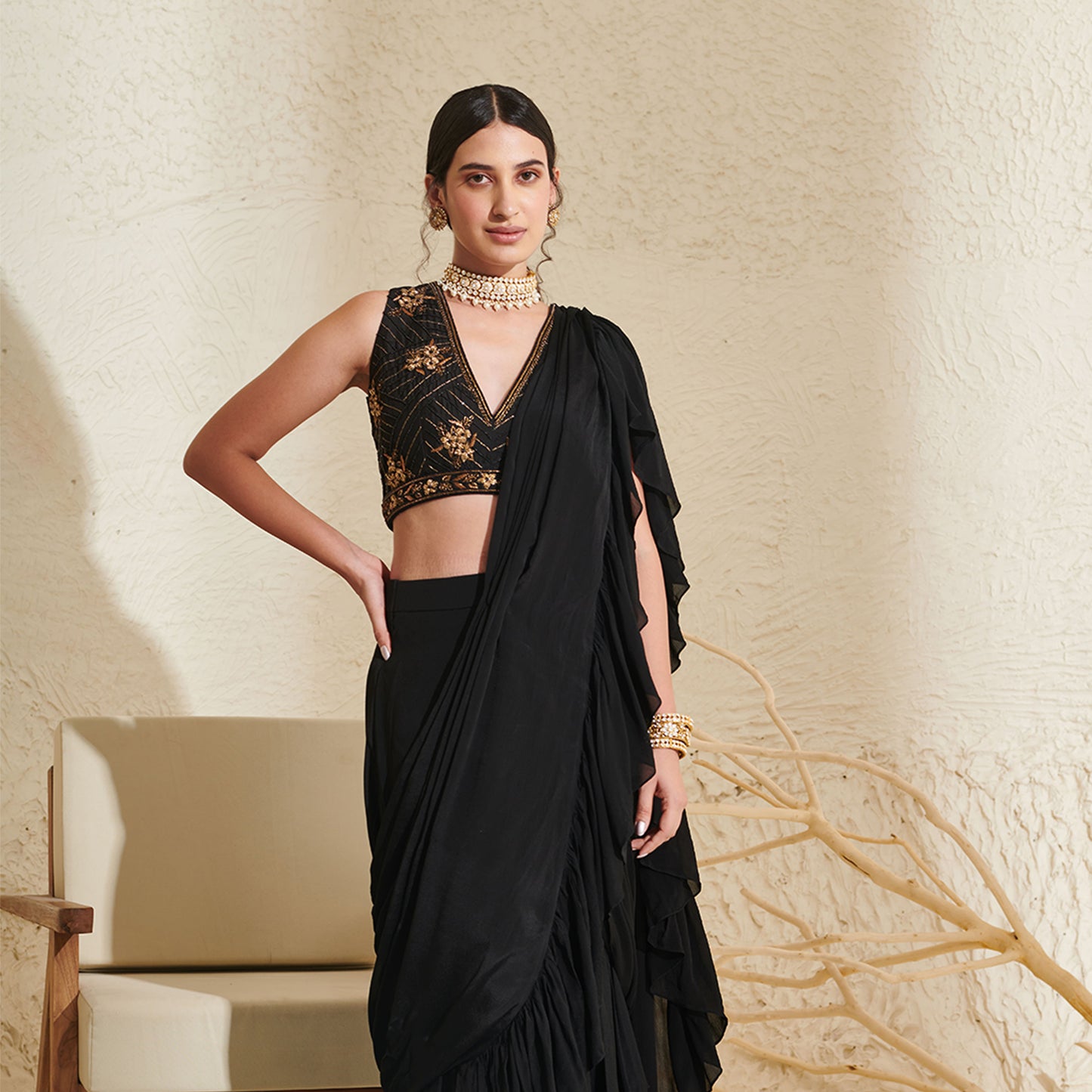 Black ruffle pre-stitched saree