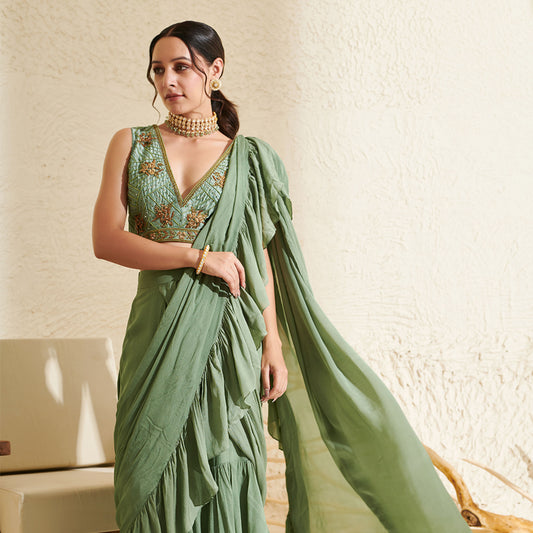 Sage Ruffle pre stitched saree