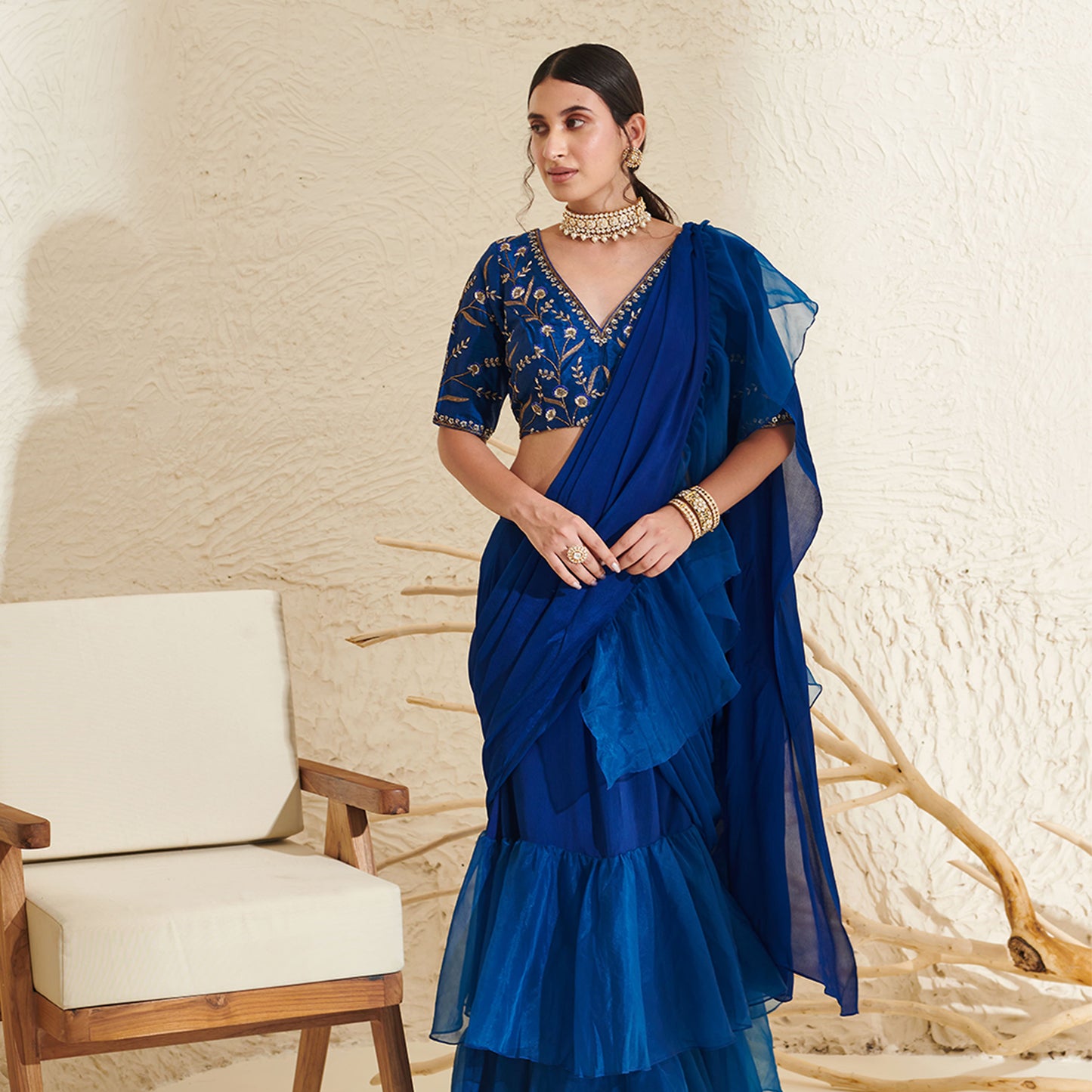 Blue Organza Ruffle Saree