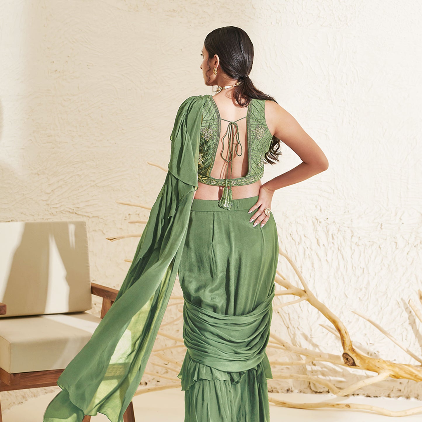 Sage Ruffle pre stitched saree