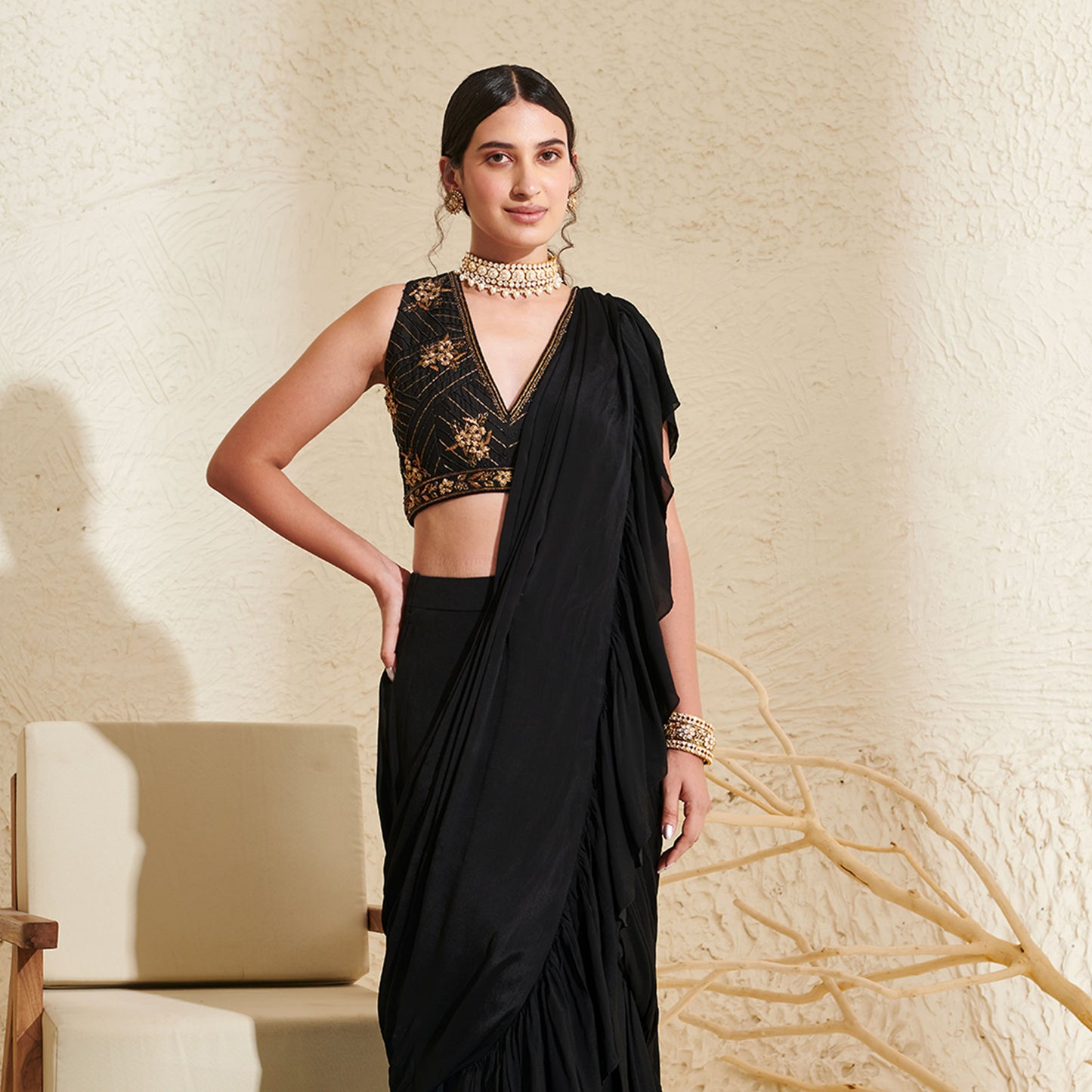 Black ruffle pre-stitched saree