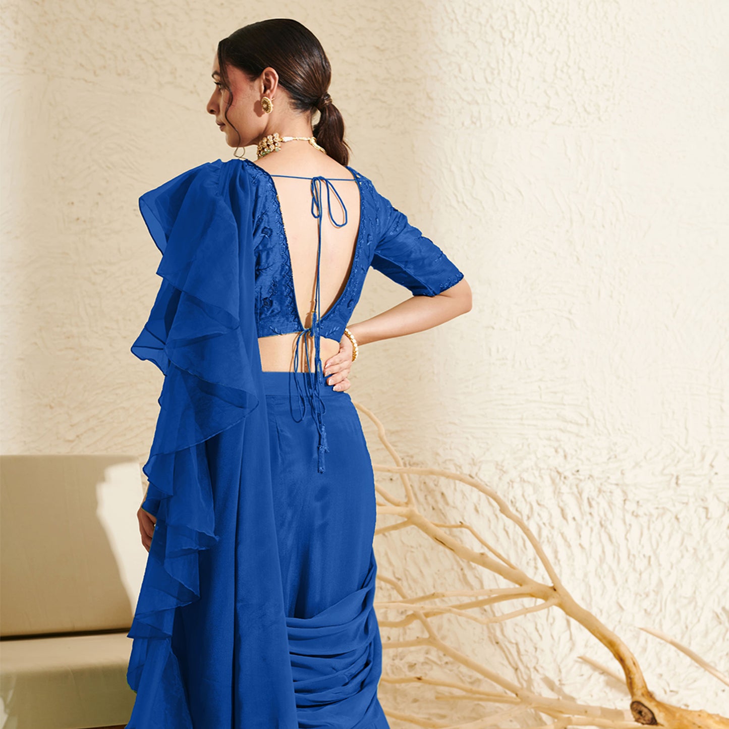 Blue Organza Ruffle Saree