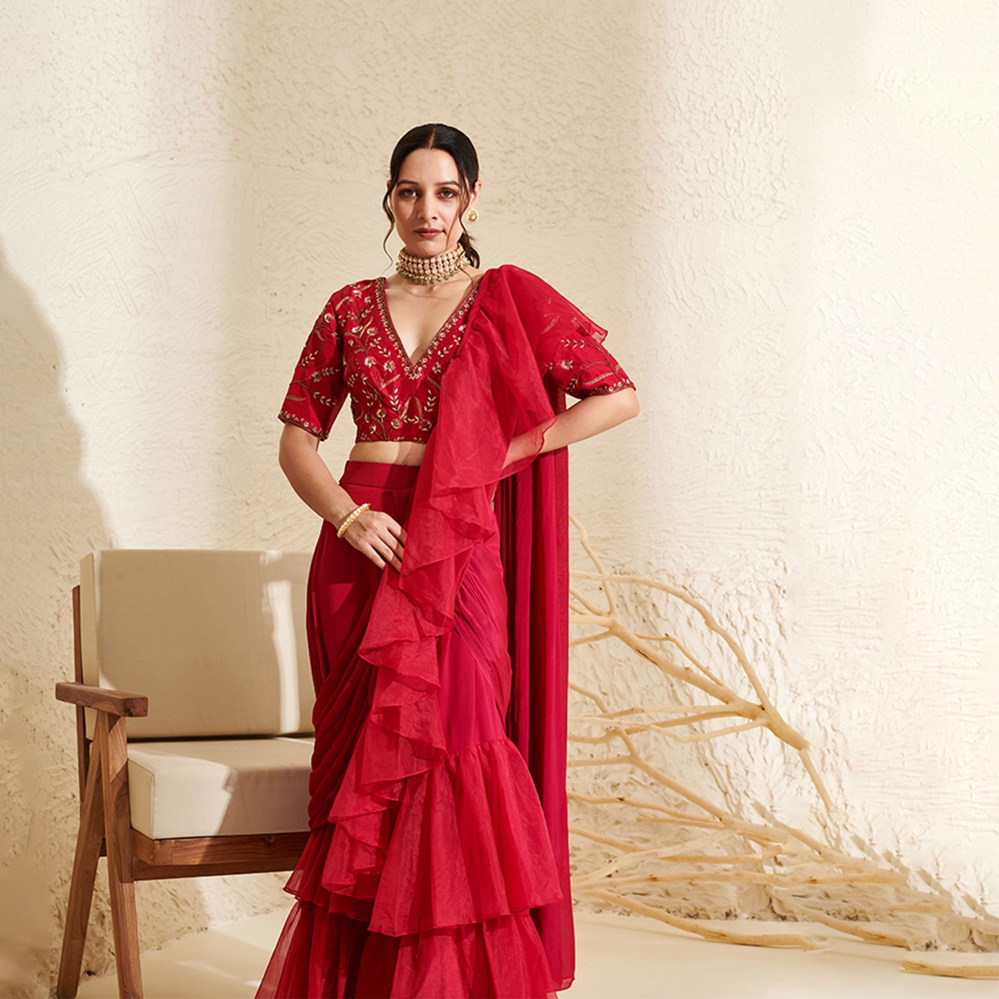 Magenta Organza Ruffle  Saree