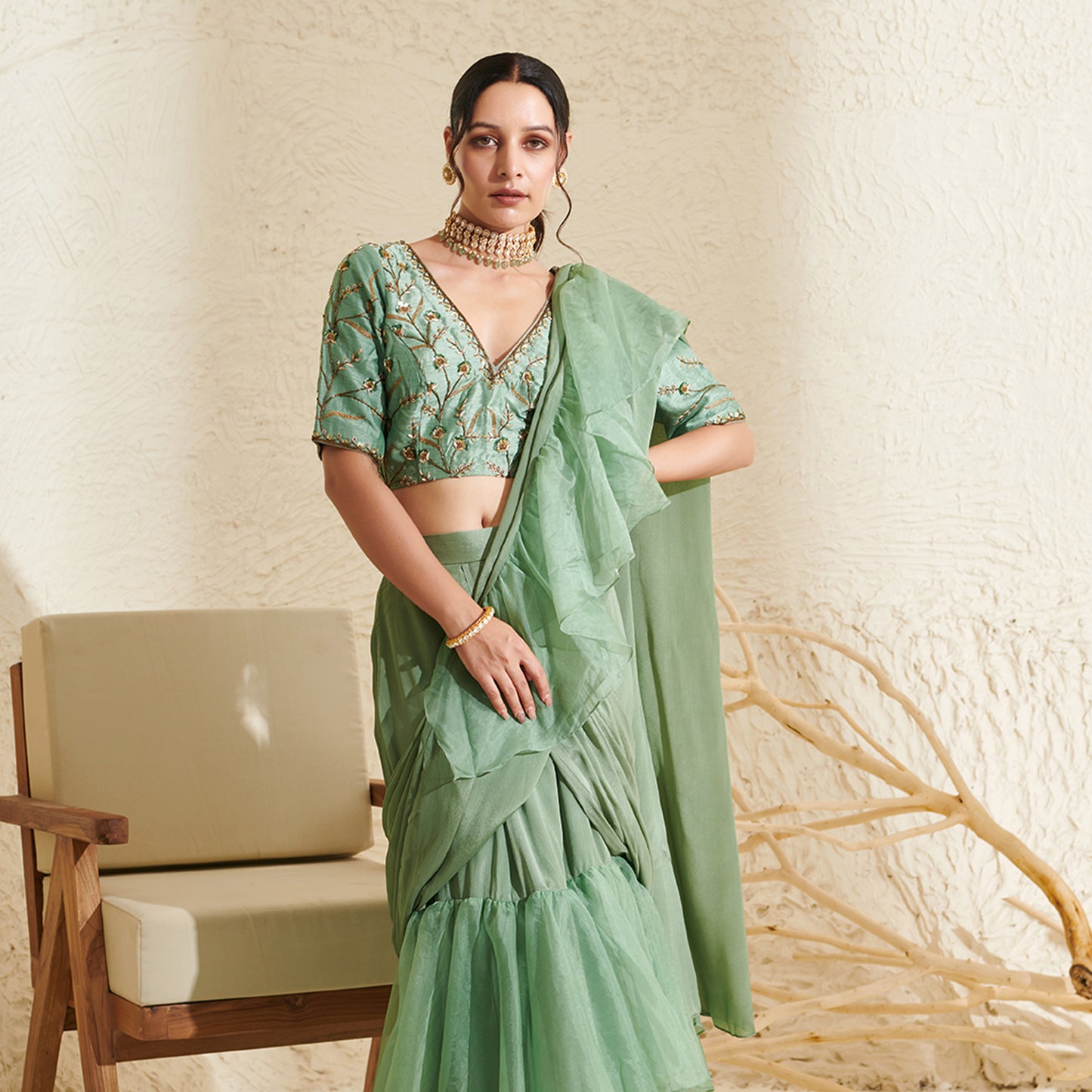 Sage Organza Ruffle Saree