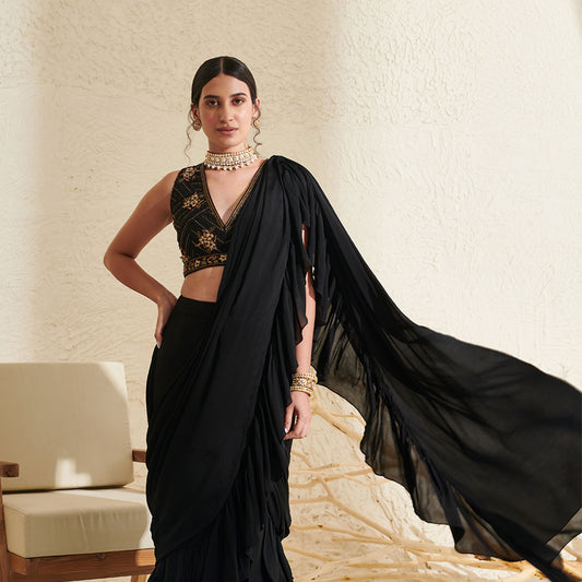 Black ruffle pre-stitched saree