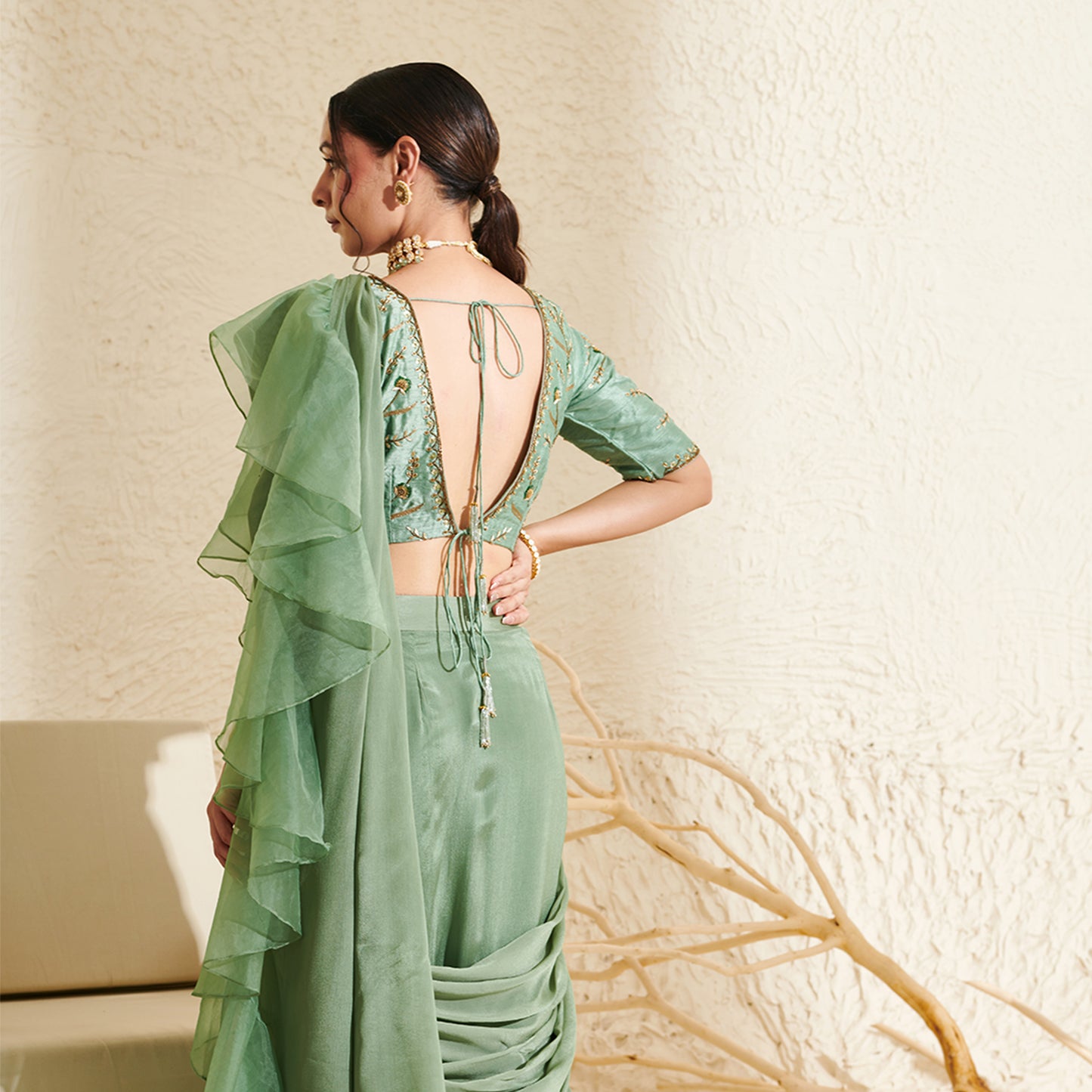 Sage Organza Ruffle Saree