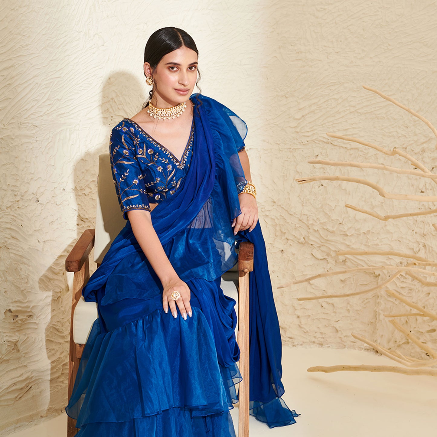 Blue Organza Ruffle Saree