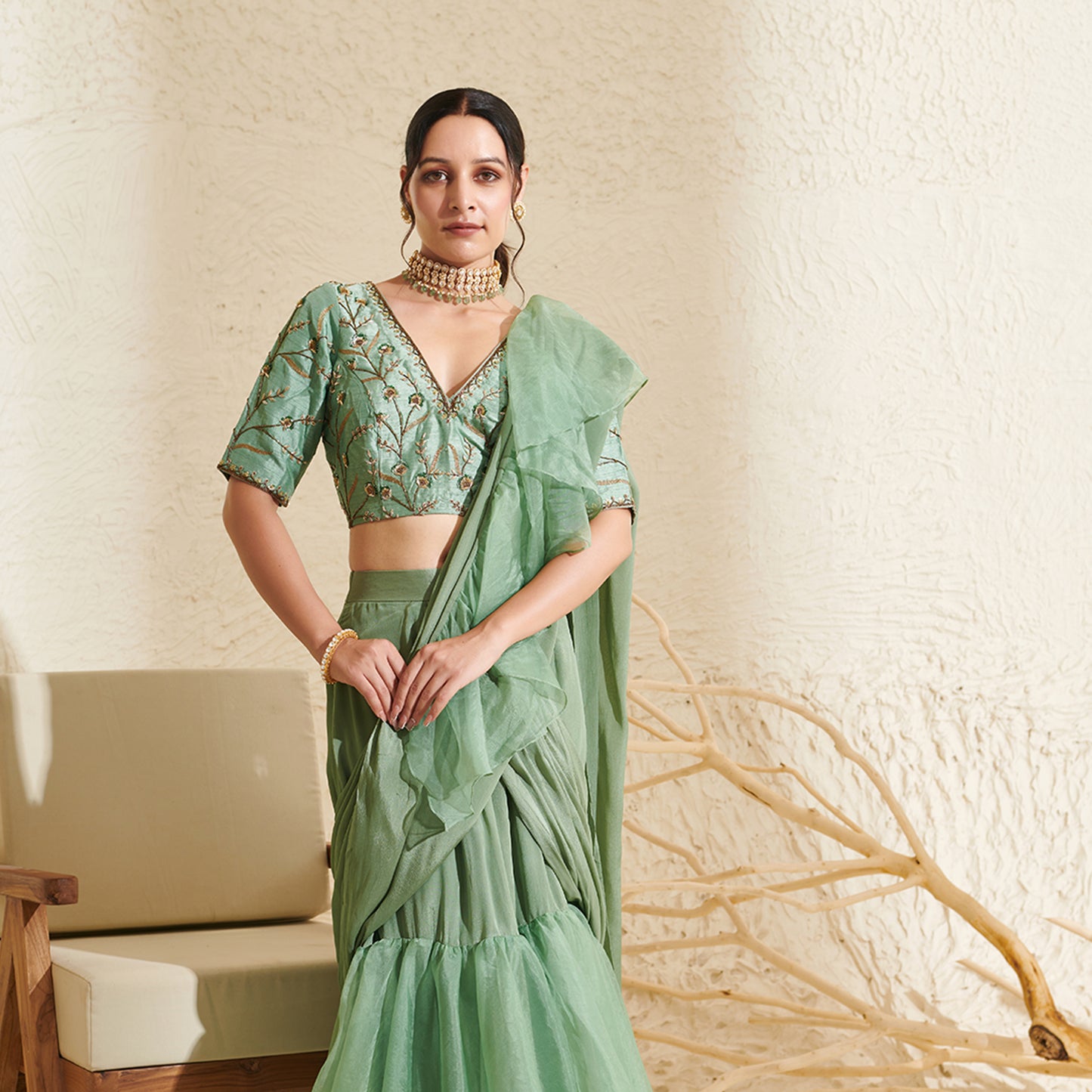 Sage Organza Ruffle Saree