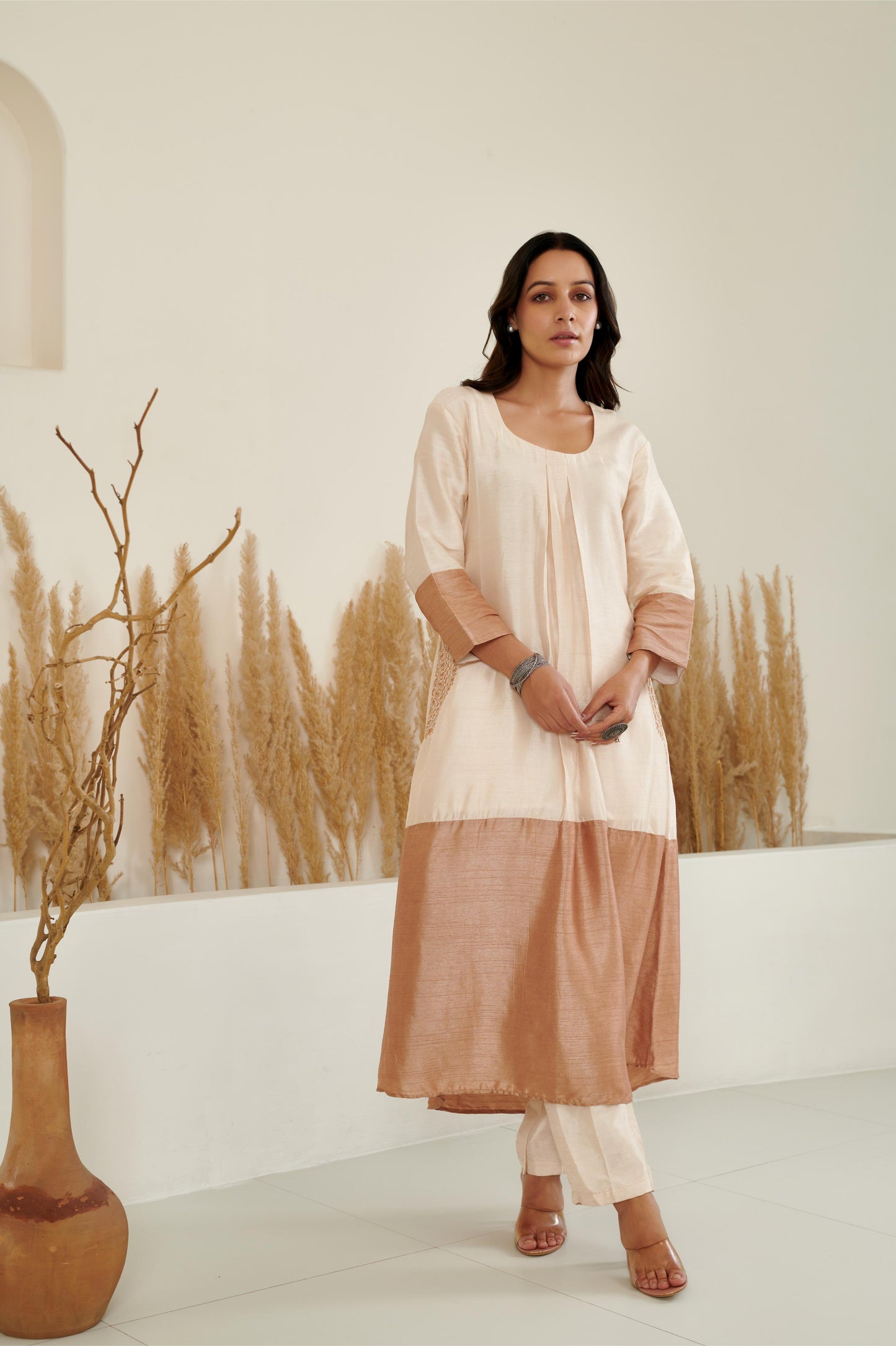 Sol Colour Block Kurta Set - Ivory/Brown