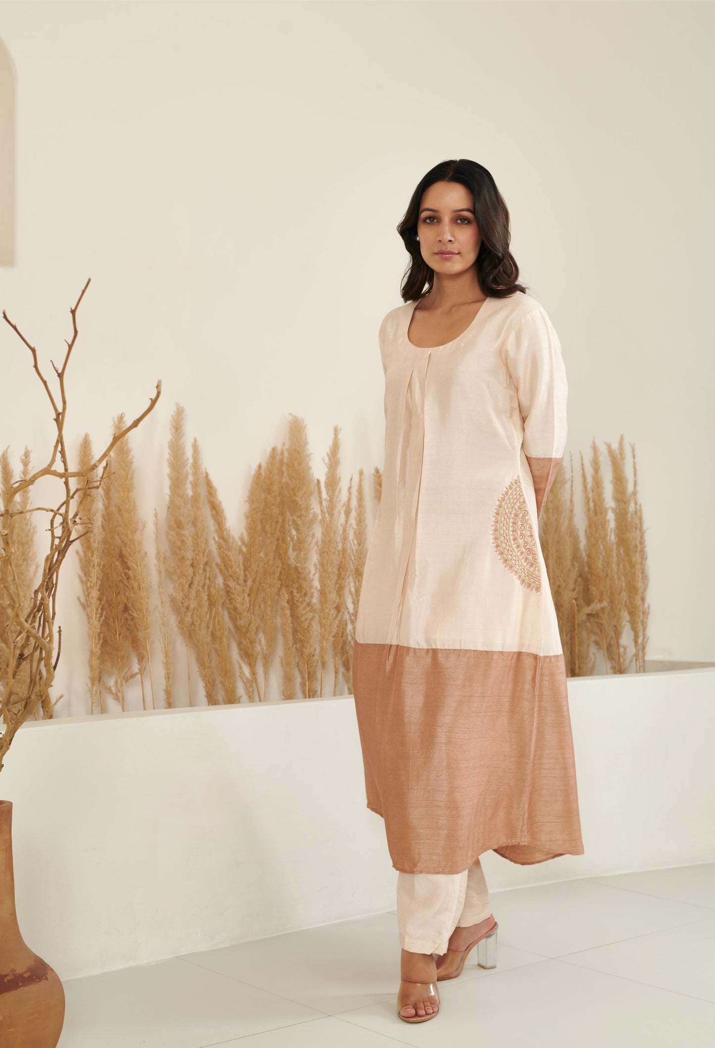 Sol Colour Block Kurta Set - Ivory/Brown