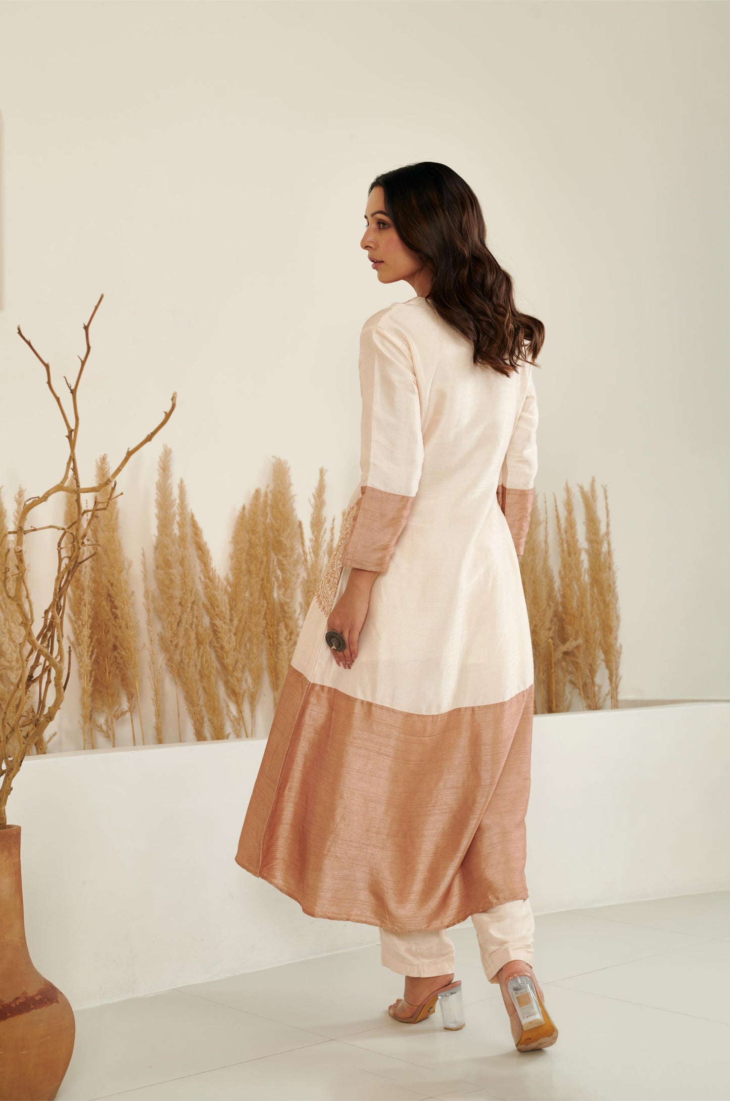 Sol Colour Block Kurta Set - Ivory/Brown