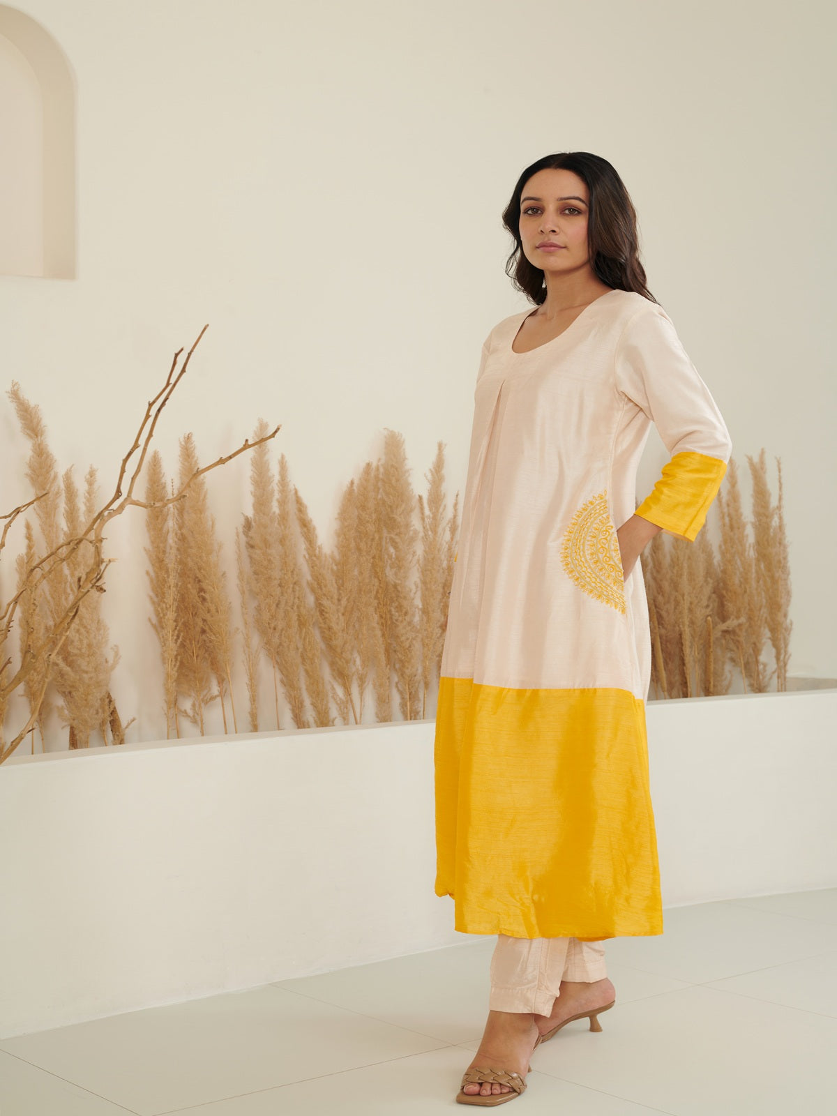 Sol Colour Block Kurta Set - Ivory/Yellow