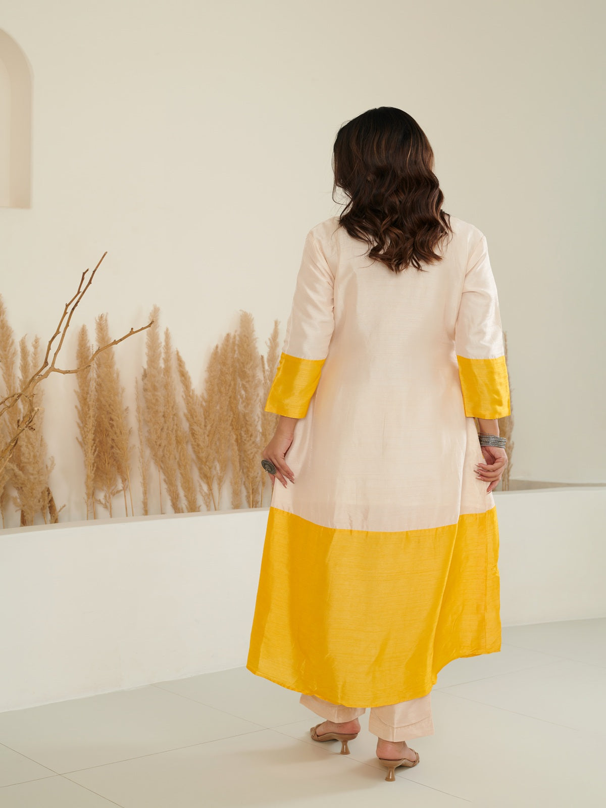 Sol Colour Block Kurta Set - Ivory/Yellow
